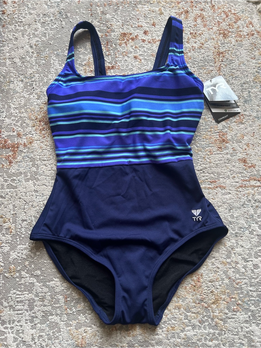 TYR Controlift Navy One-Piece Swimsuit with Blue & Turquoise Stripes